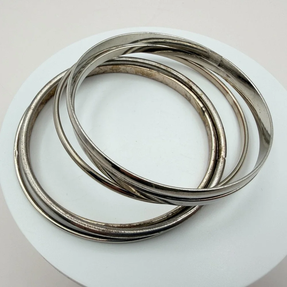 Vintage 90s Silver Tone Minimalist Bangles‎ Set Women's Classic Fashion Jewelry